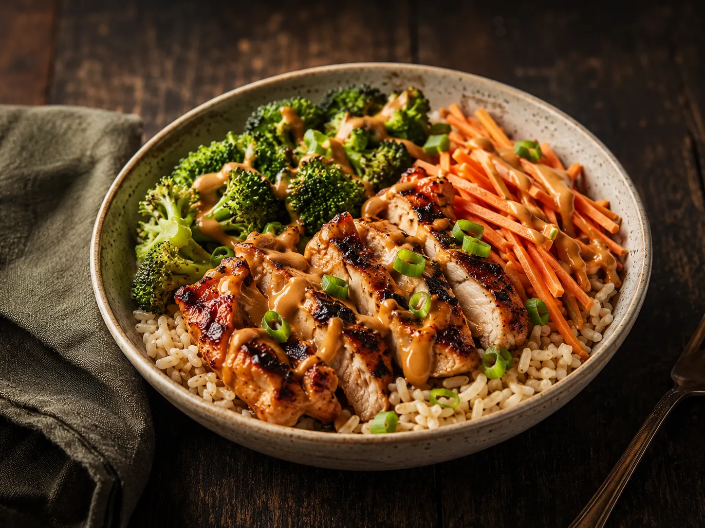 Creamy maple chicken harvest bowl with brown rice, broccoli, carrots, and dairy-free maple cream sauce, naturally gluten-free, dairy-free, egg-free, soy-free, sesame-free, shellfish-free, and nut-free.